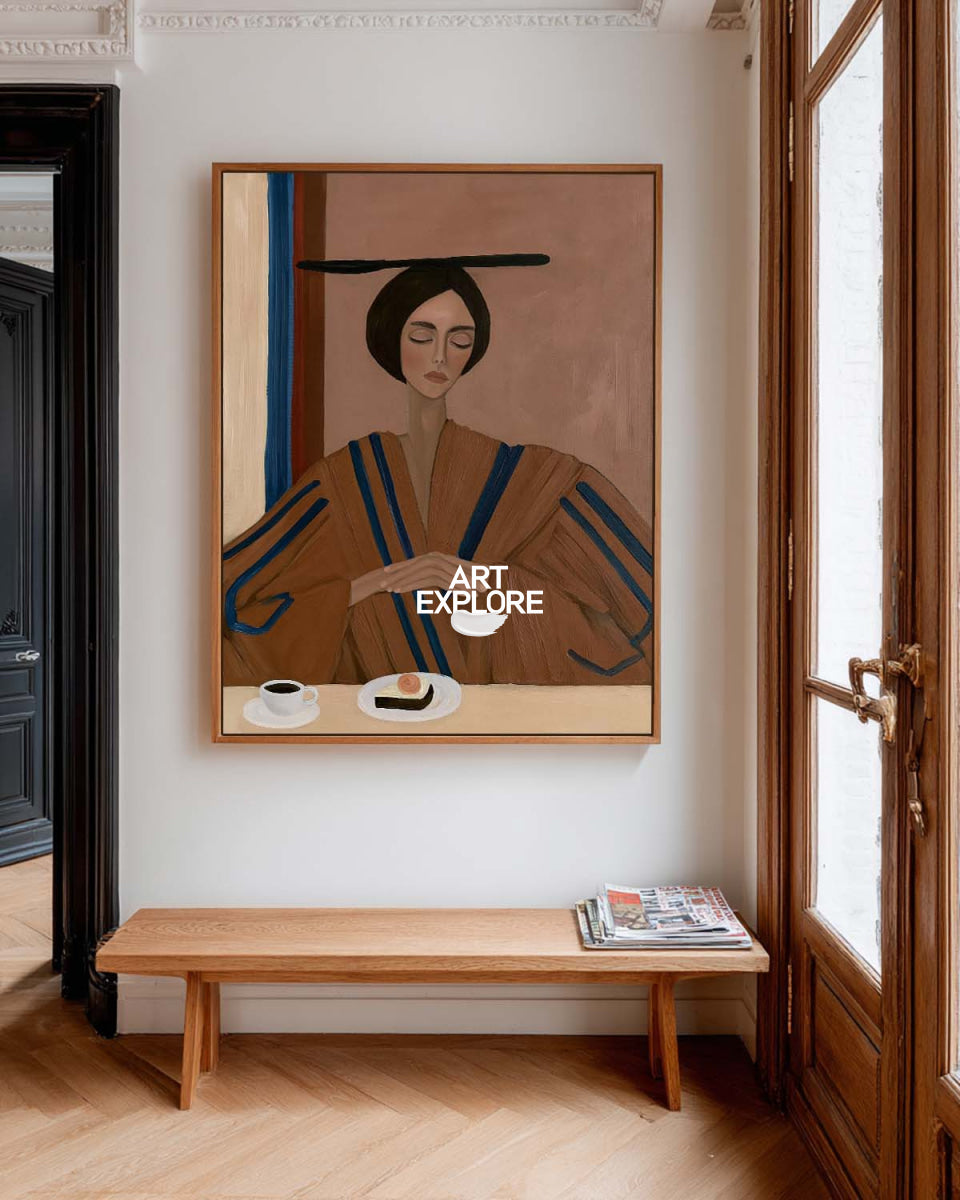Modern Elegant Woman Portrait Canvas Painting In Brown And Blue Tones