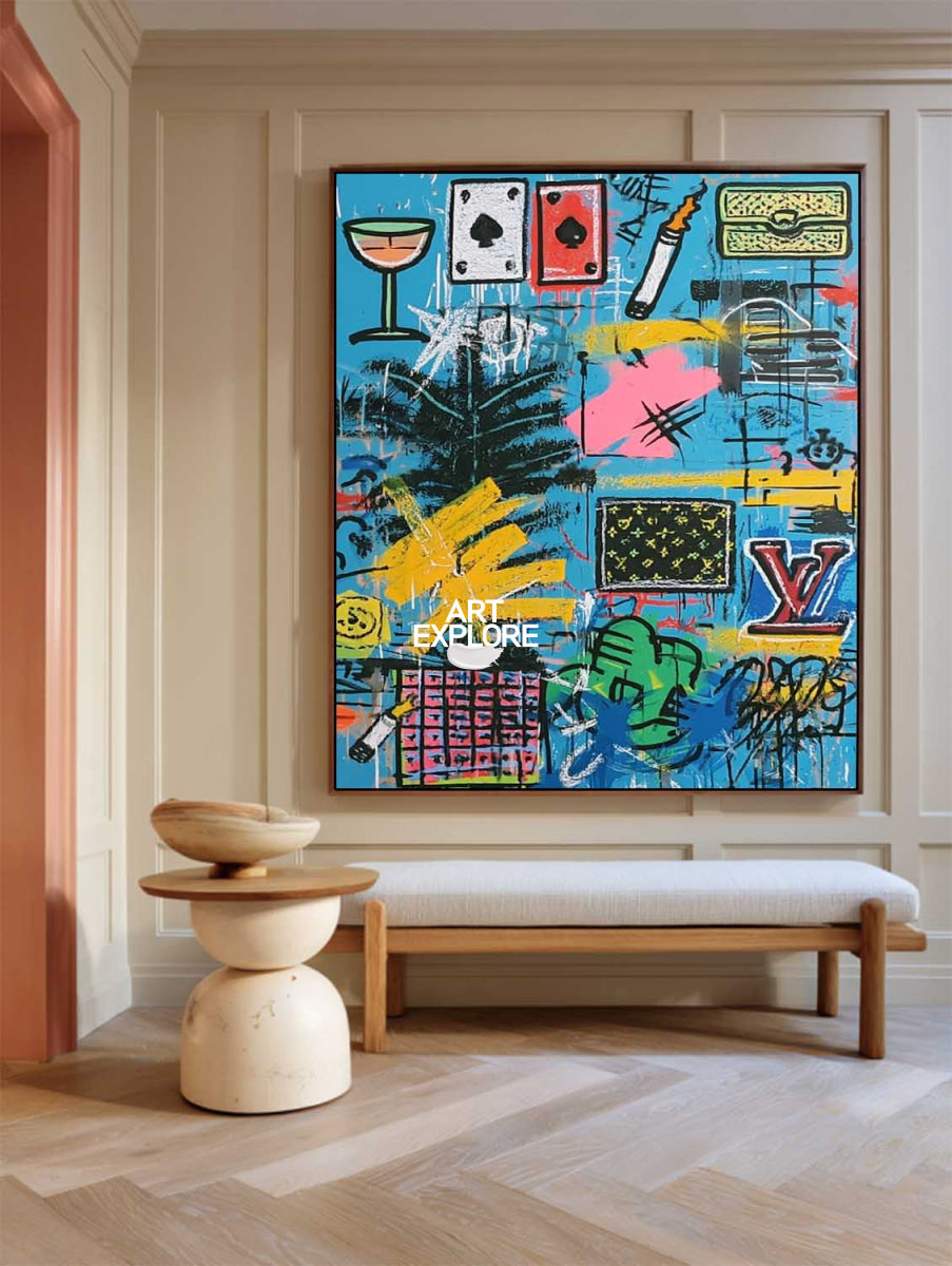Original Blue Graffiti Art With Pop Culture Icons For Modern Living Room Decor