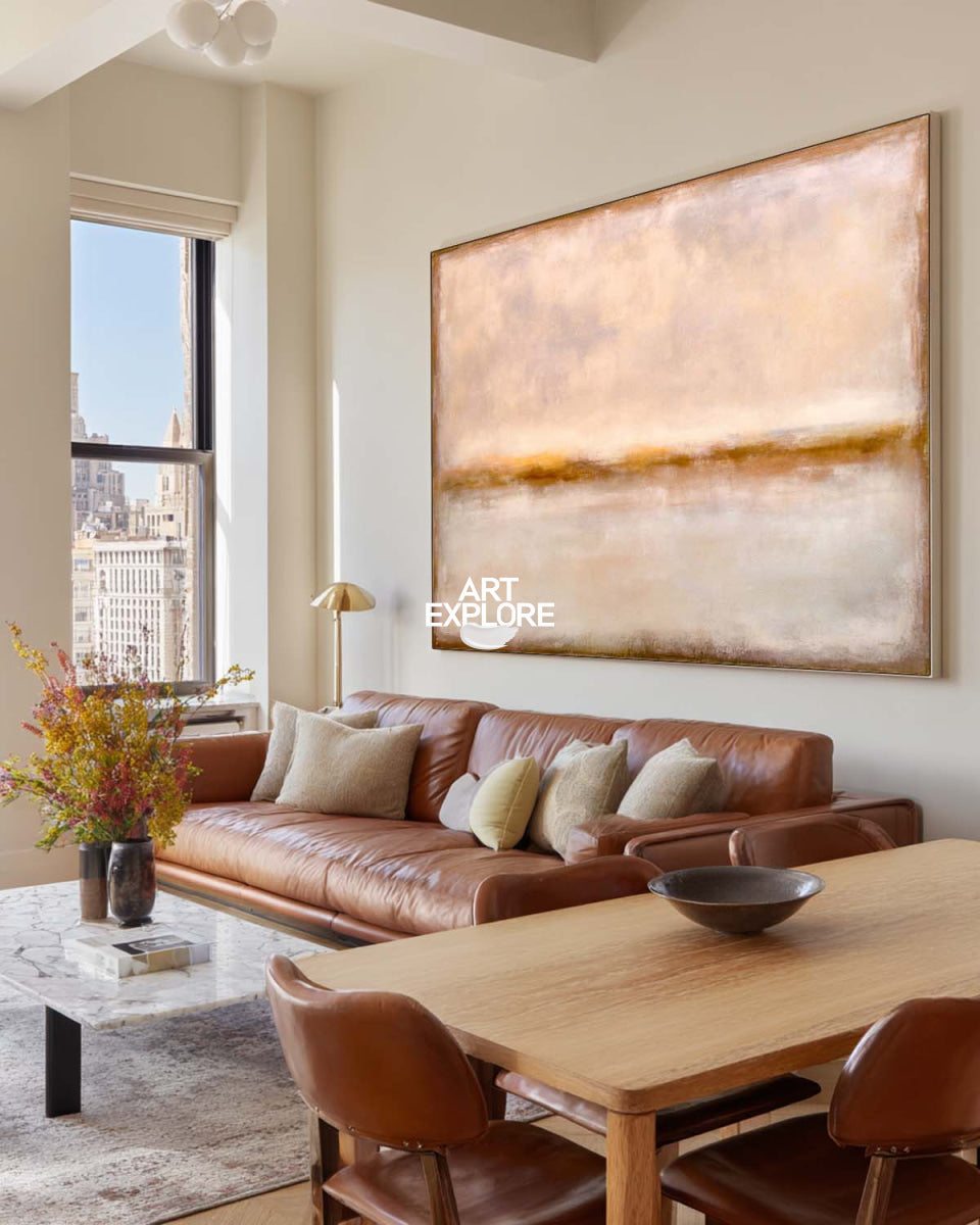 Minimalist Neutral Brown Seascape Art For Modern Living Room Decor