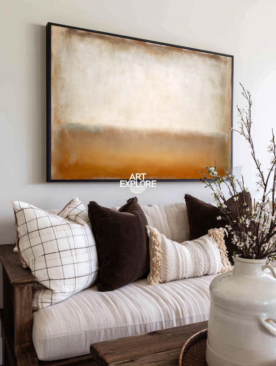 Modern Minimalist Oil Painting Beige Horizon Line Art For Contemporary Home Decor