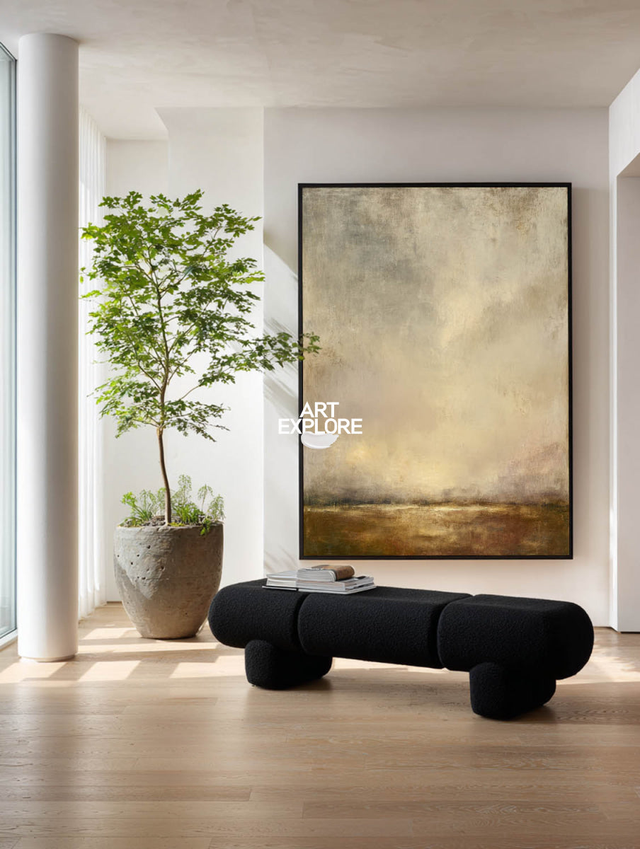 Minimalist Brown Landscape Painting With Earthy Tones For Contemporary Home Decor
