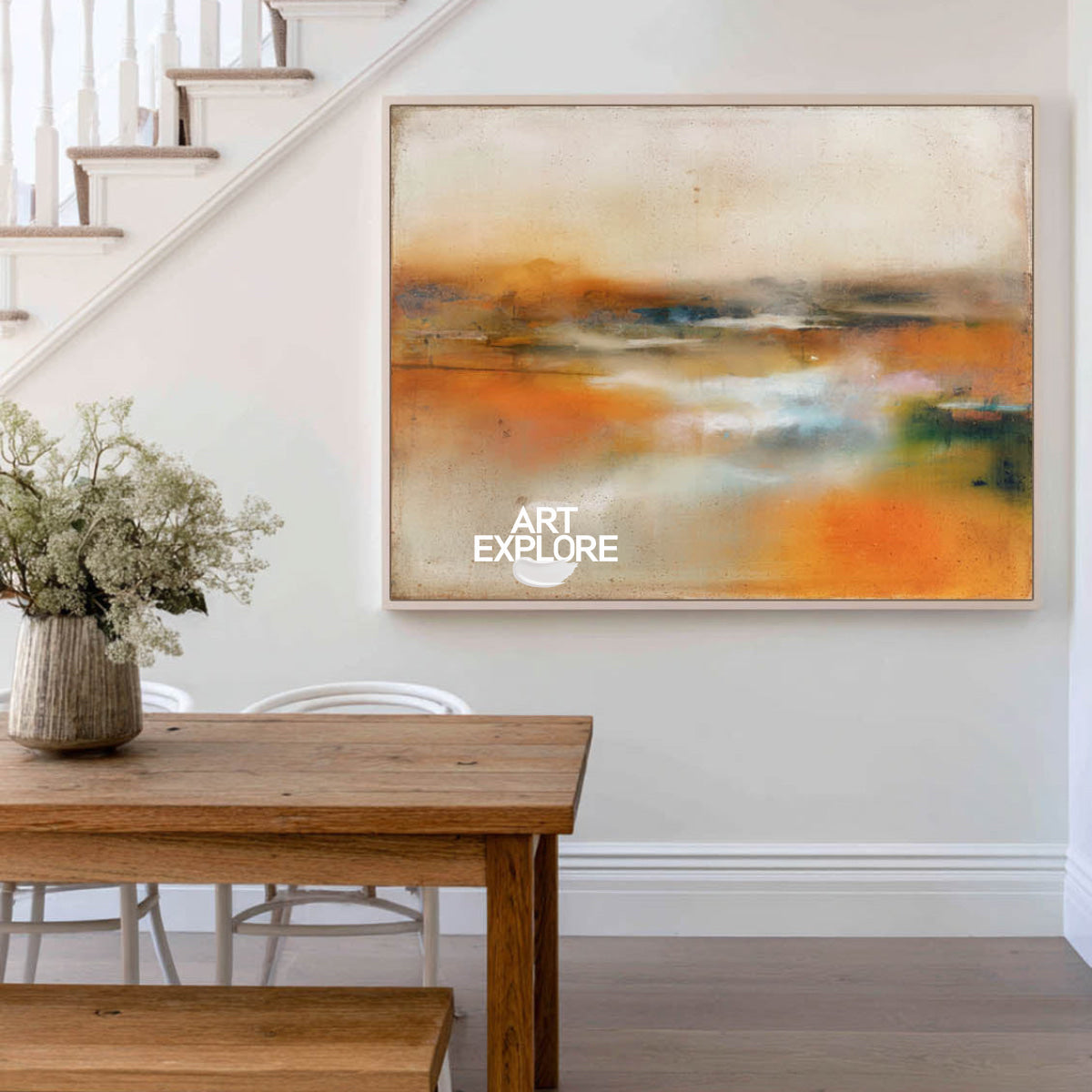 Large Abstract Landscape Painting In Brown And Amber Tones For Modern Living Room Decor