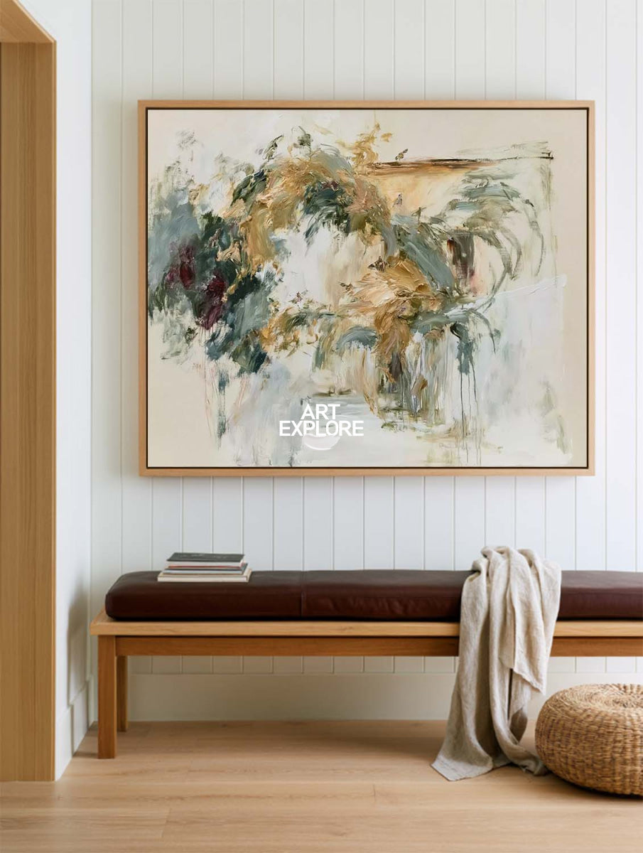 Abstract Beige And Green Canvas Painting With Textured Strokes