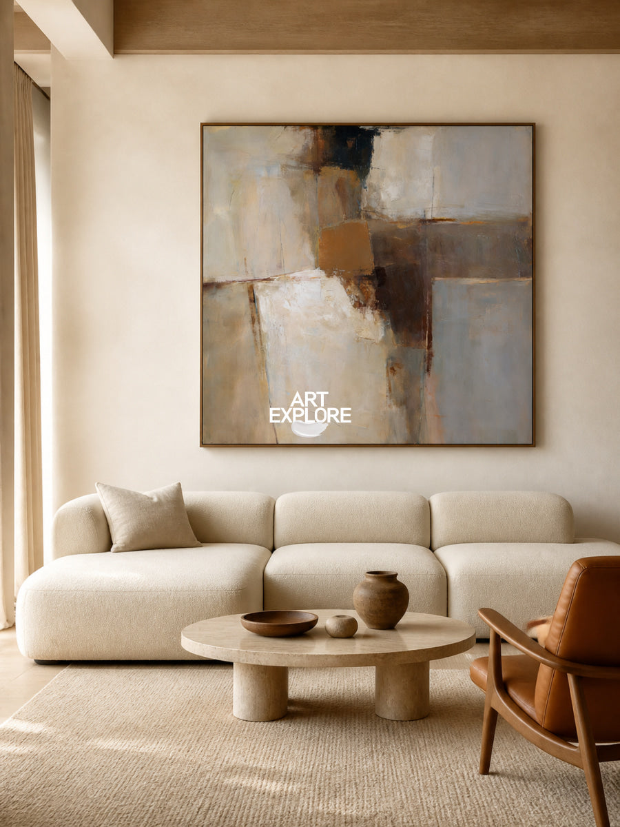 Abstract Beige And Blue Square Canvas Painting Hand-Painted Wall Art
