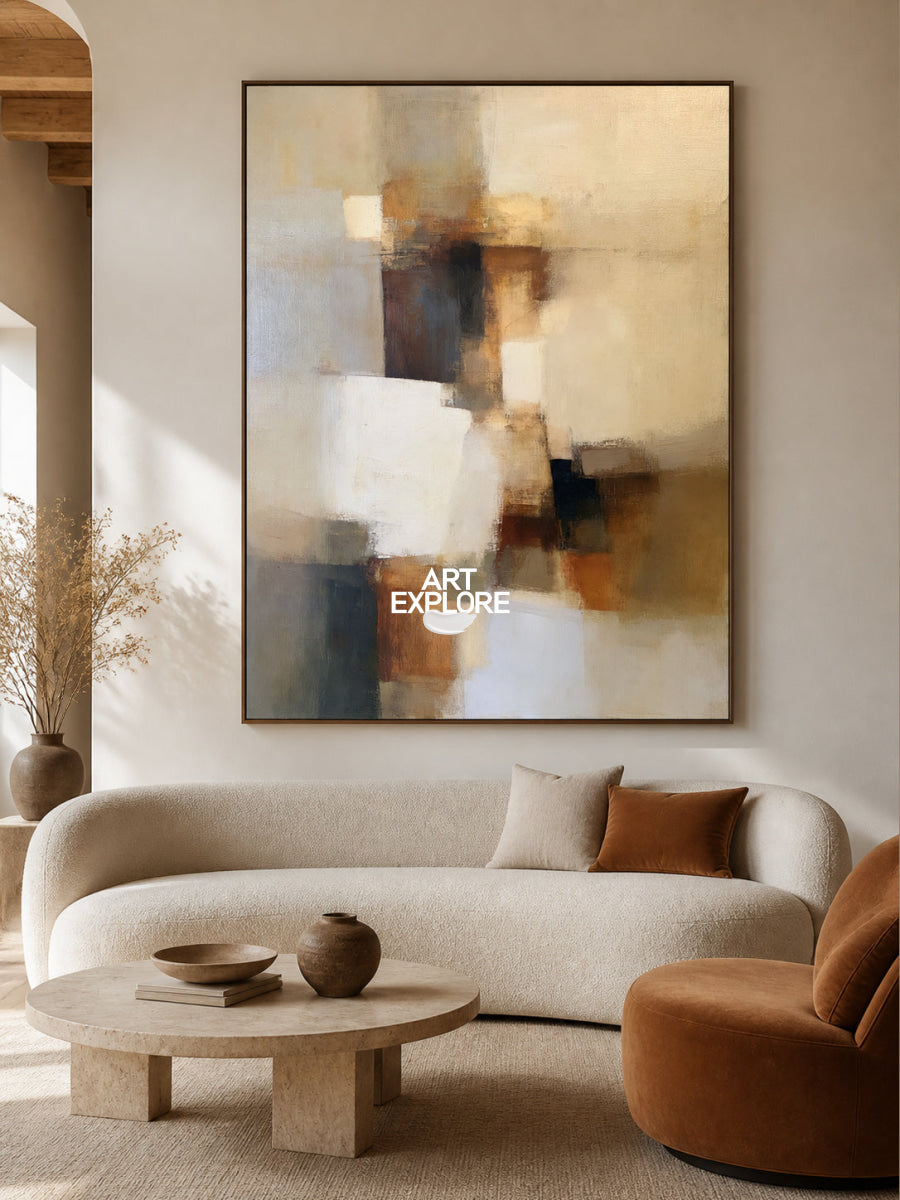 Earthy Abstract Expressionism Art Beige Brown Handmade Canvas For Office Decor