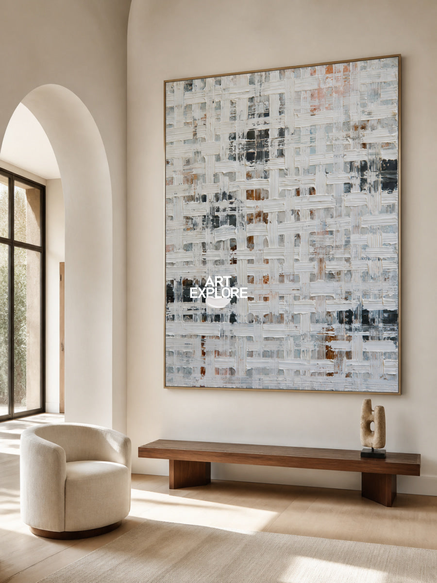 Abstract Geometric White Canvas Painting With 3D Texture For Modern Walls