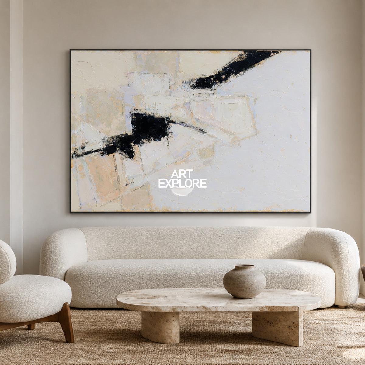 Modern Minimalist Abstract Painting With Textured Brushstrokes In Neutral Colors