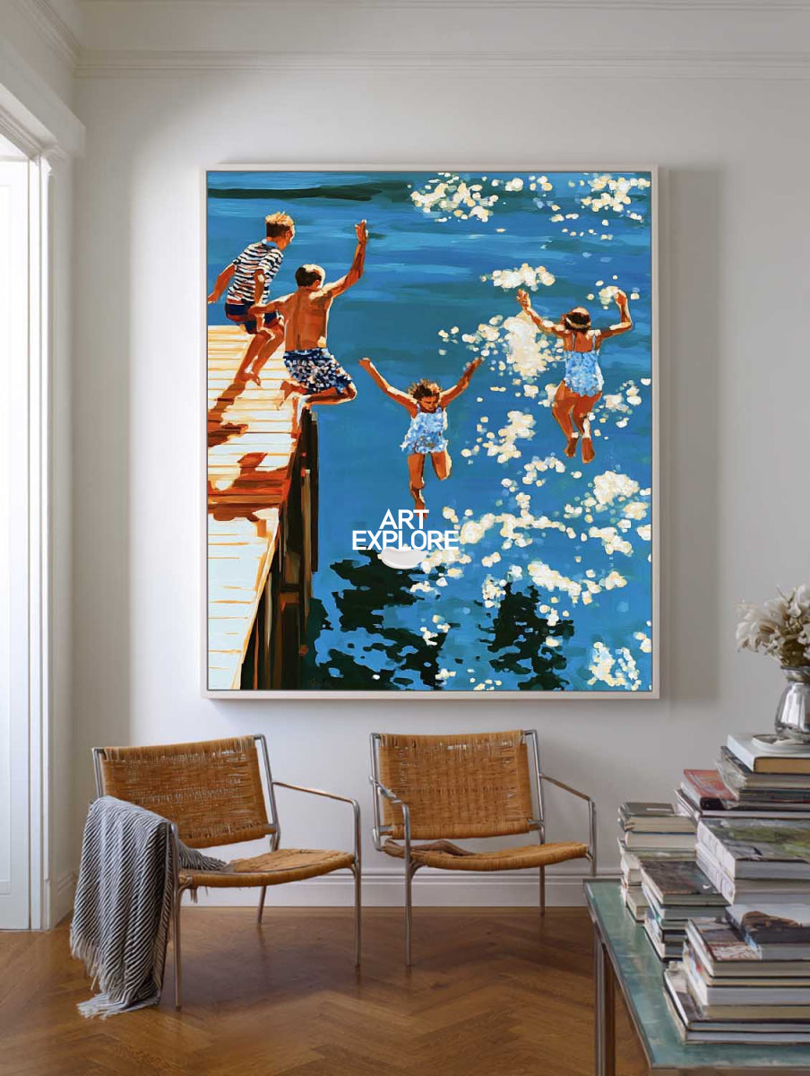 Abstract Pop Art Painting Of Summer Diving Scene For Modern Home Decor