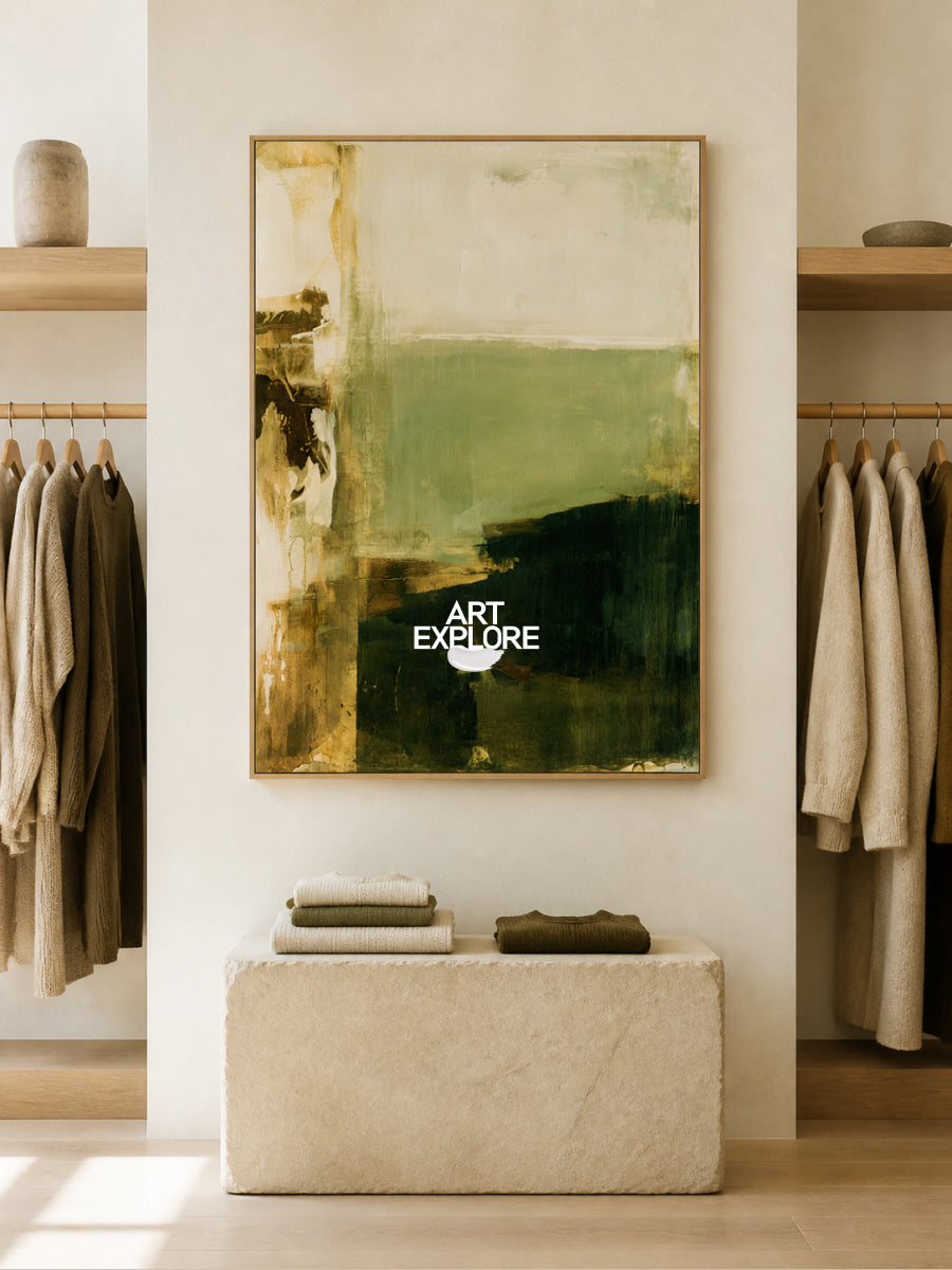 Abstract Green And Beige Canvas Painting Hand-Painted Minimalist Wall Art For Modern Home