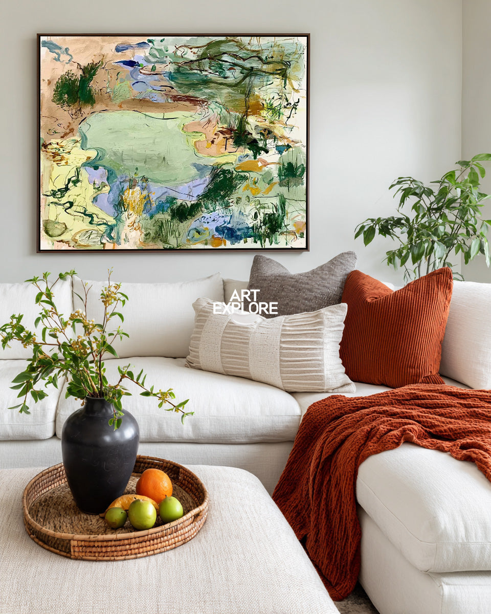 Modern Green Abstract Wall Art For Living Room Hand-Painted Canvas With Earthy Tones