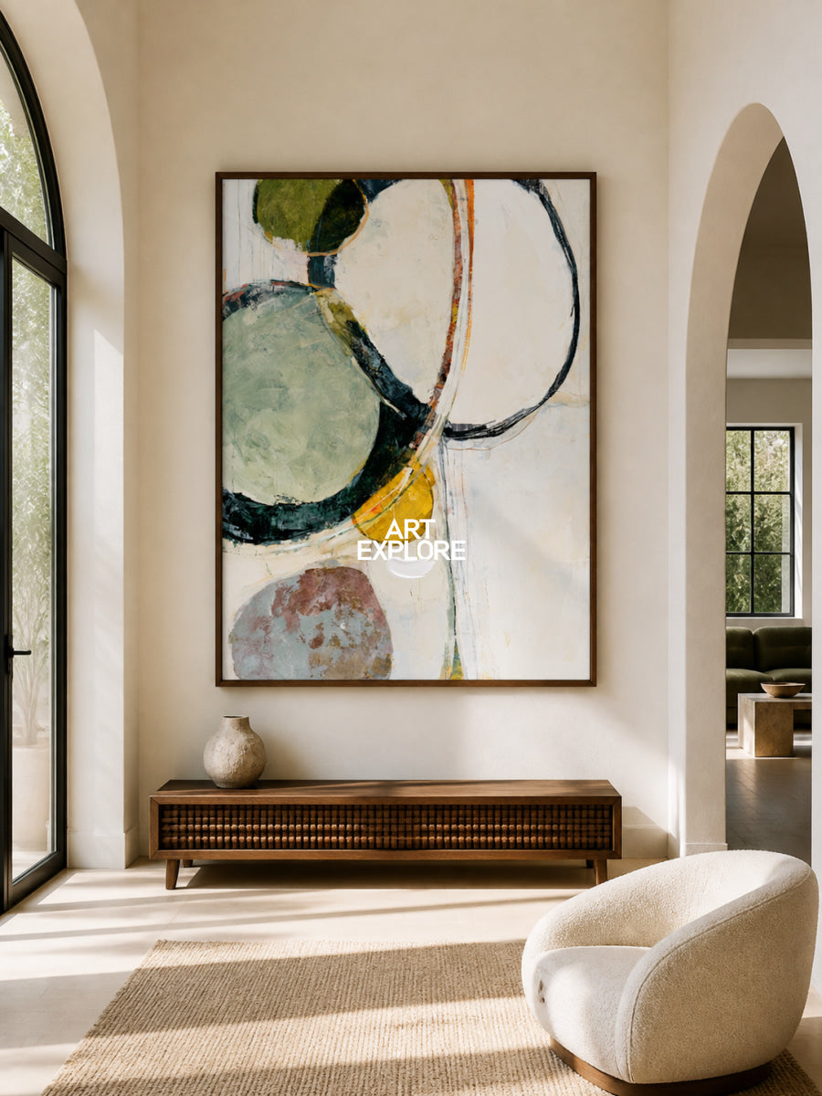 Abstract Geometric Canvas Painting With Green And Beige Tones For Modern Wall Art