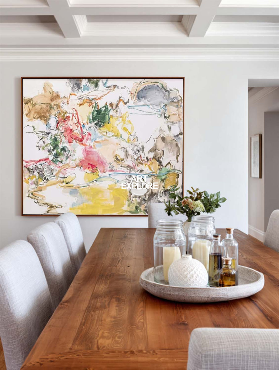 Abstract Pastel Canvas Painting With Yellow Pink Tones For Modern Walls