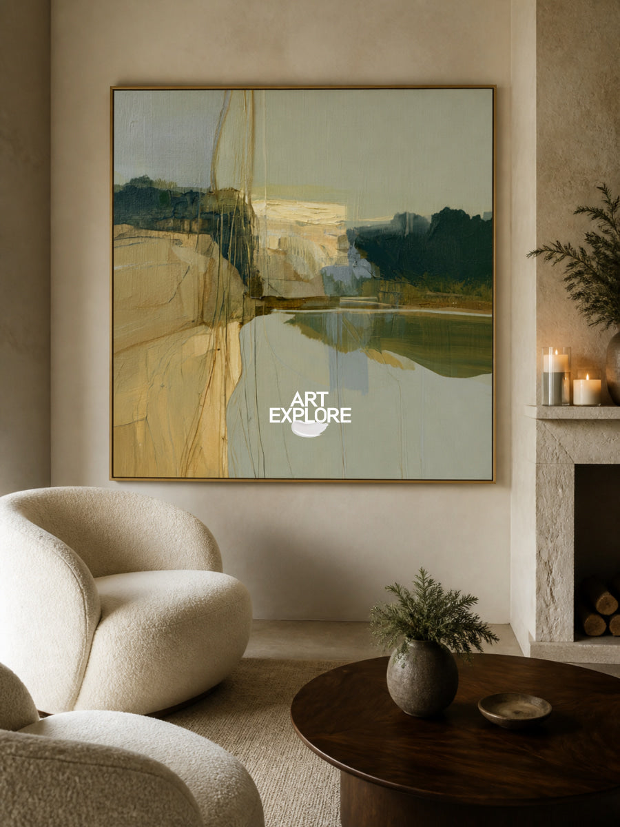 Abstract Landscape Canvas Painting In Green And Brown Tones For Modern Walls