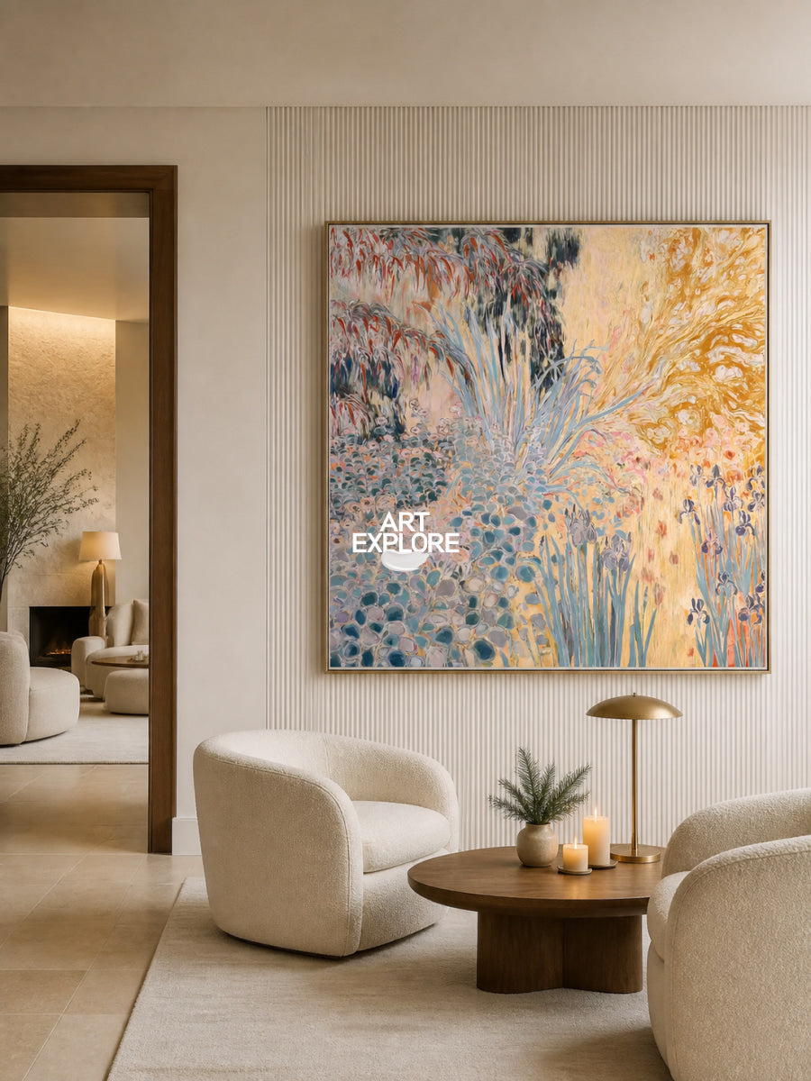 Abstract Floral Canvas Painting With Warm Pink And Orange Tones
