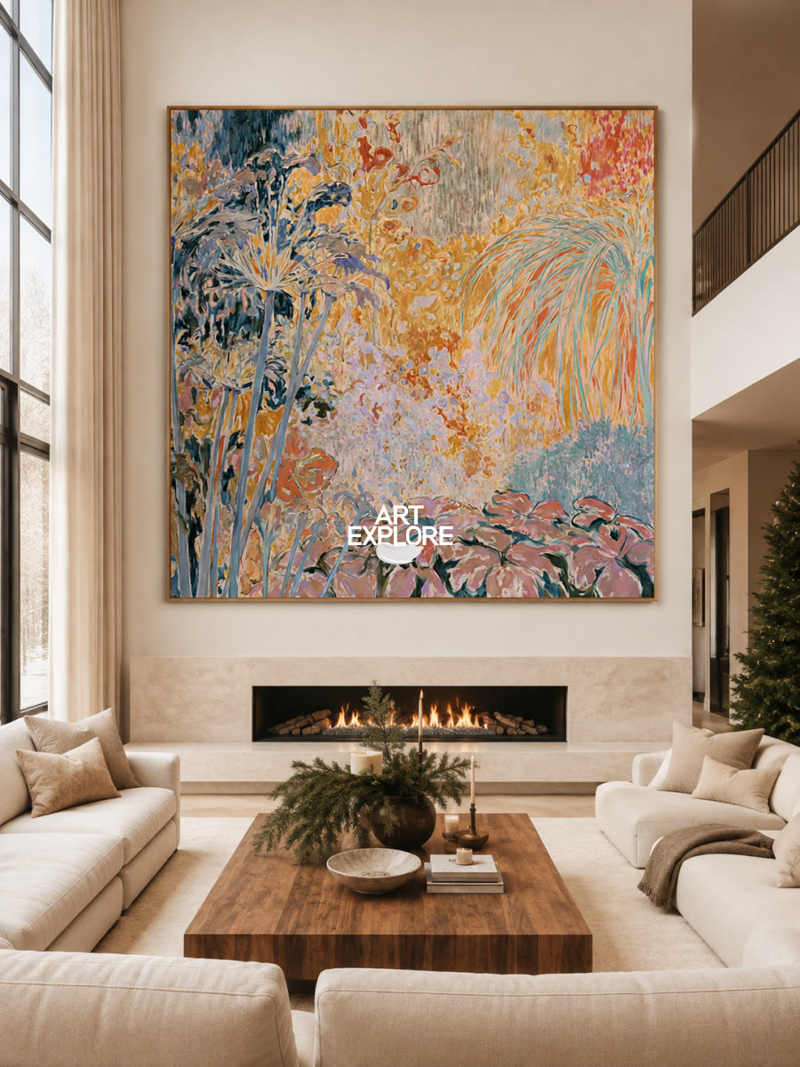 Abstract Botanical Canvas Painting With Pink And Orange Floral Colors