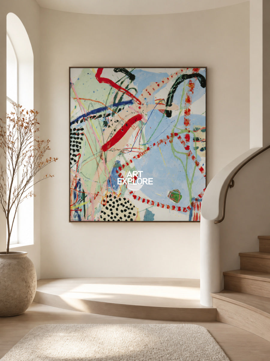 Colorful Abstract Canvas Painting With Red And Blue Lines For Modern Wall Art