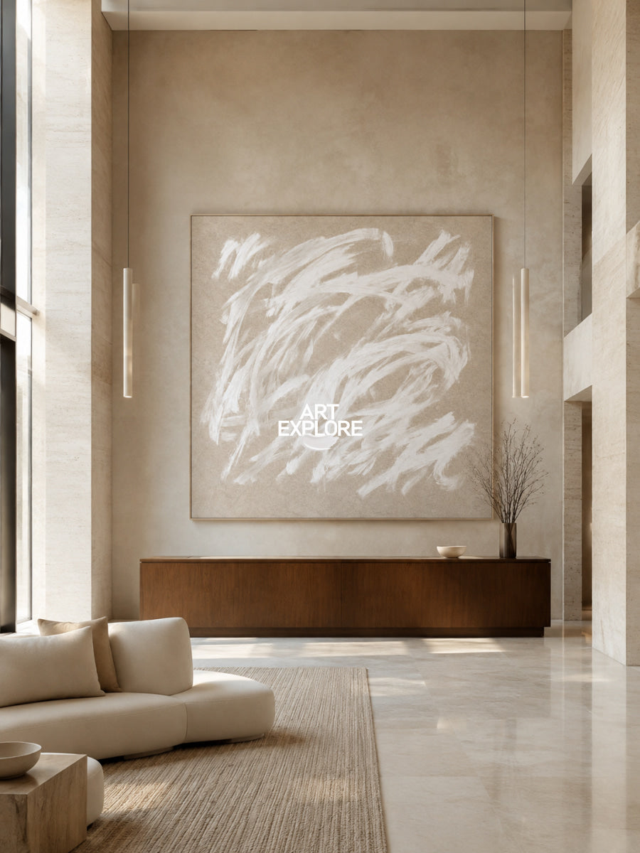 Original Abstract Minimalist Painting With Textured Beige And White Tones
