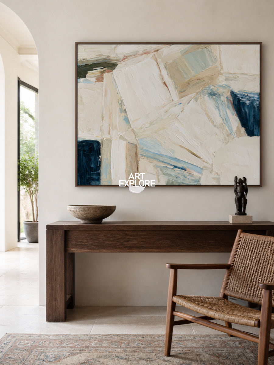 Abstract Beige And Blue Canvas Painting With Textured Impasto Strokes