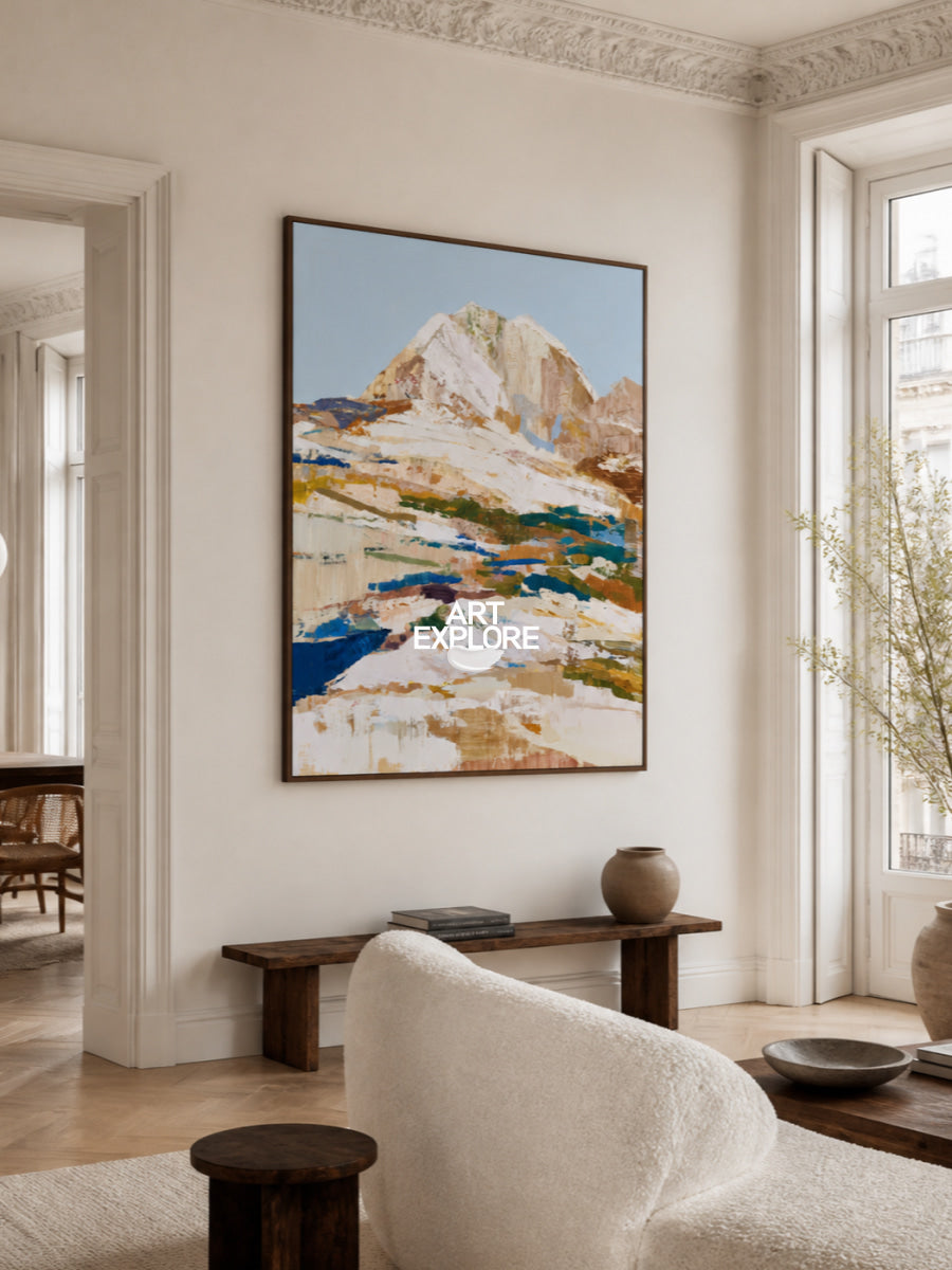 Abstract Mountain Landscape Canvas Painting In Blue And Brown Tones