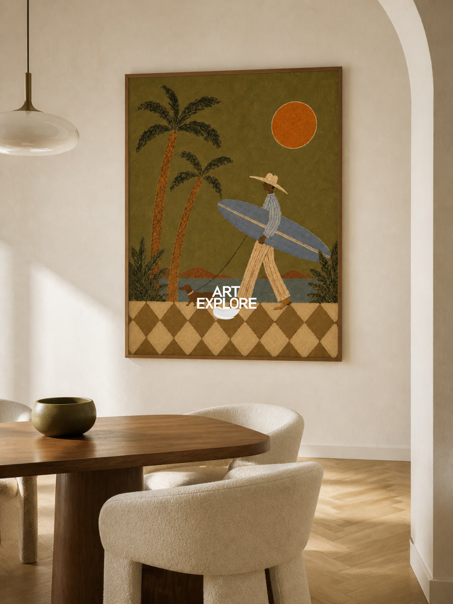 Green Folk Art Canvas Painting Retro Surfer Scene Handmade Decor
