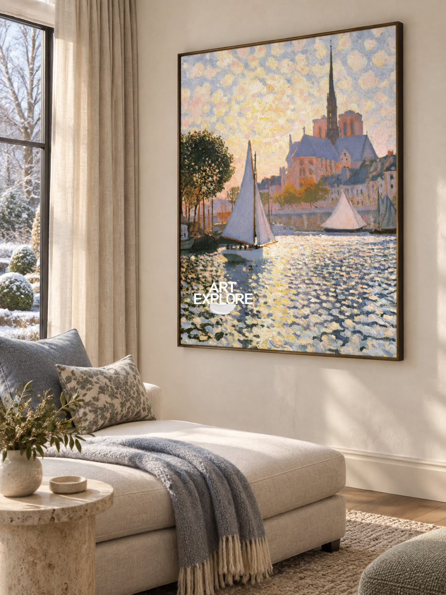Sunlit Harbor With Sailboats And Church Canvas Painting
