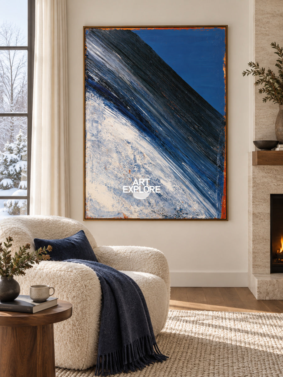 Blue And White Abstract Canvas Painting With Dynamic Diagonal Lines