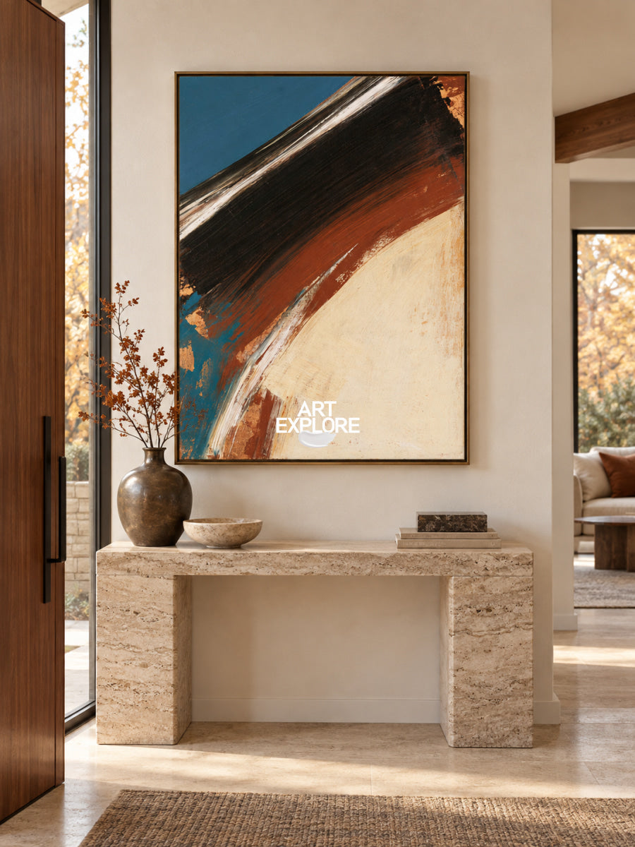 Abstract Blue And Beige Canvas Painting With Earthy Brown Tones