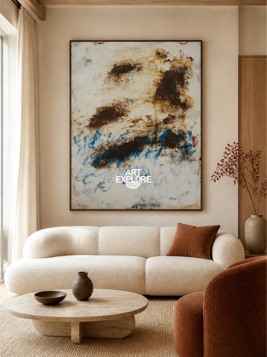 Expressive Doodle Style Painting In Brown And Blue Hues