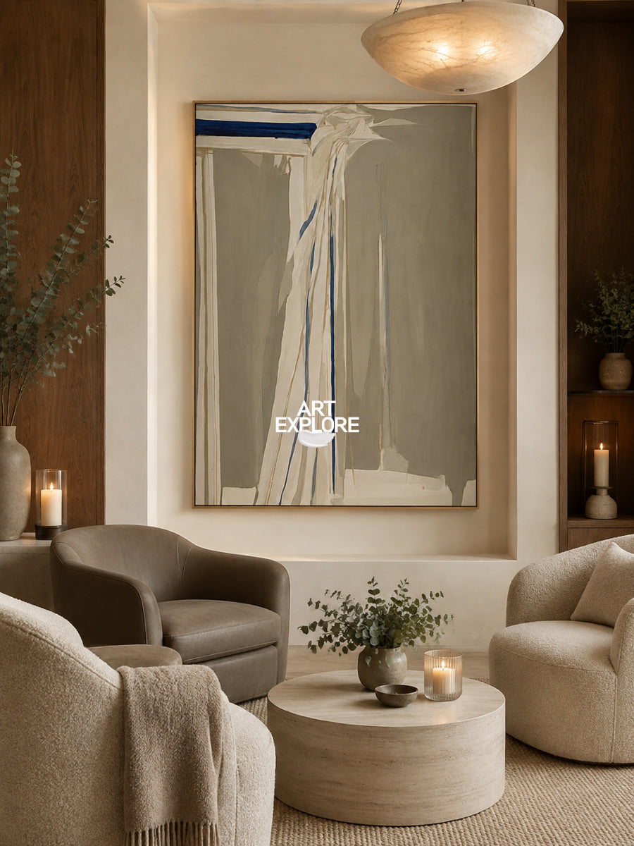Abstract Beige And Blue Canvas Painting With Fluid Forms For Modern Walls