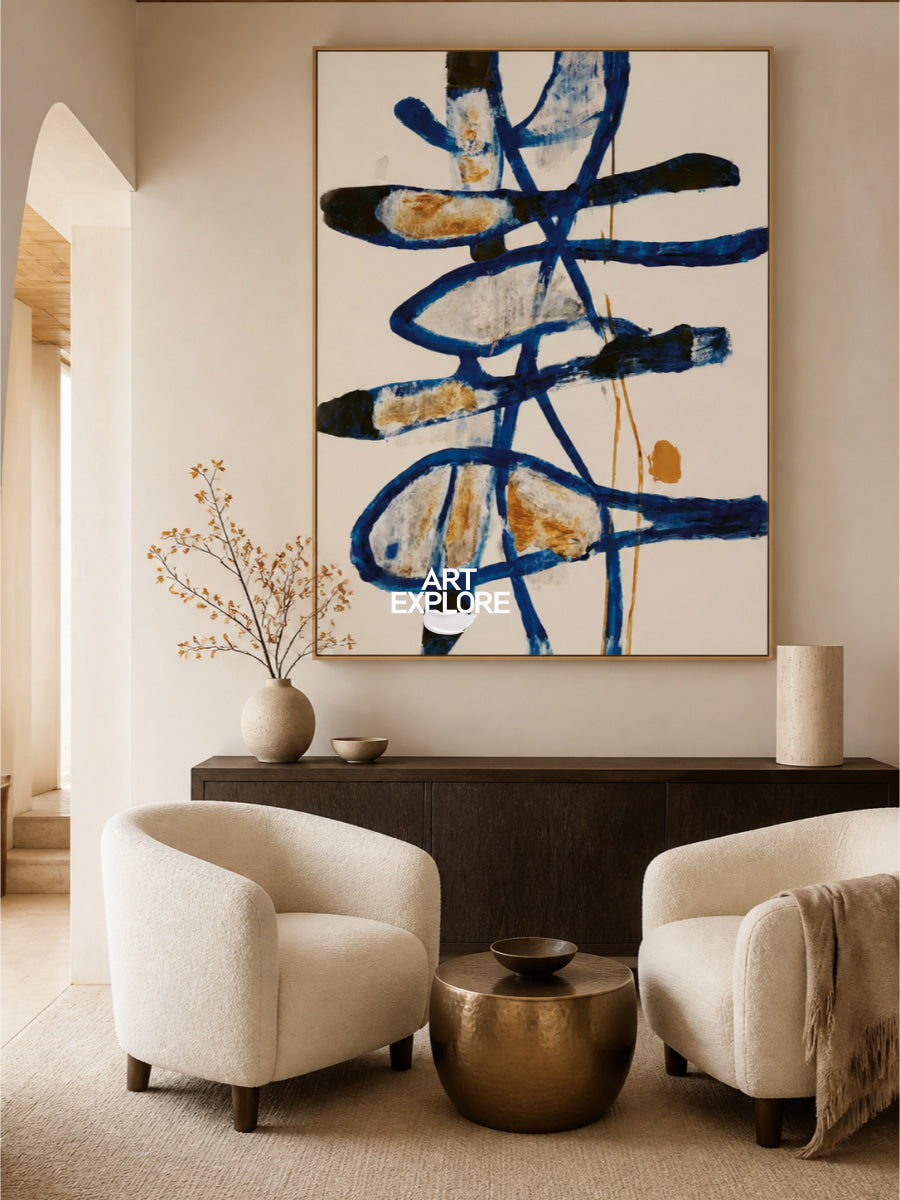Modern Blue Wall Art For Living Room Minimalist Abstract Canvas Painting Original