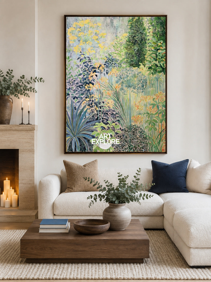 Abstract Botanical Garden Painting Green Yellow Blue Hand-Painted Canvas Wall Art