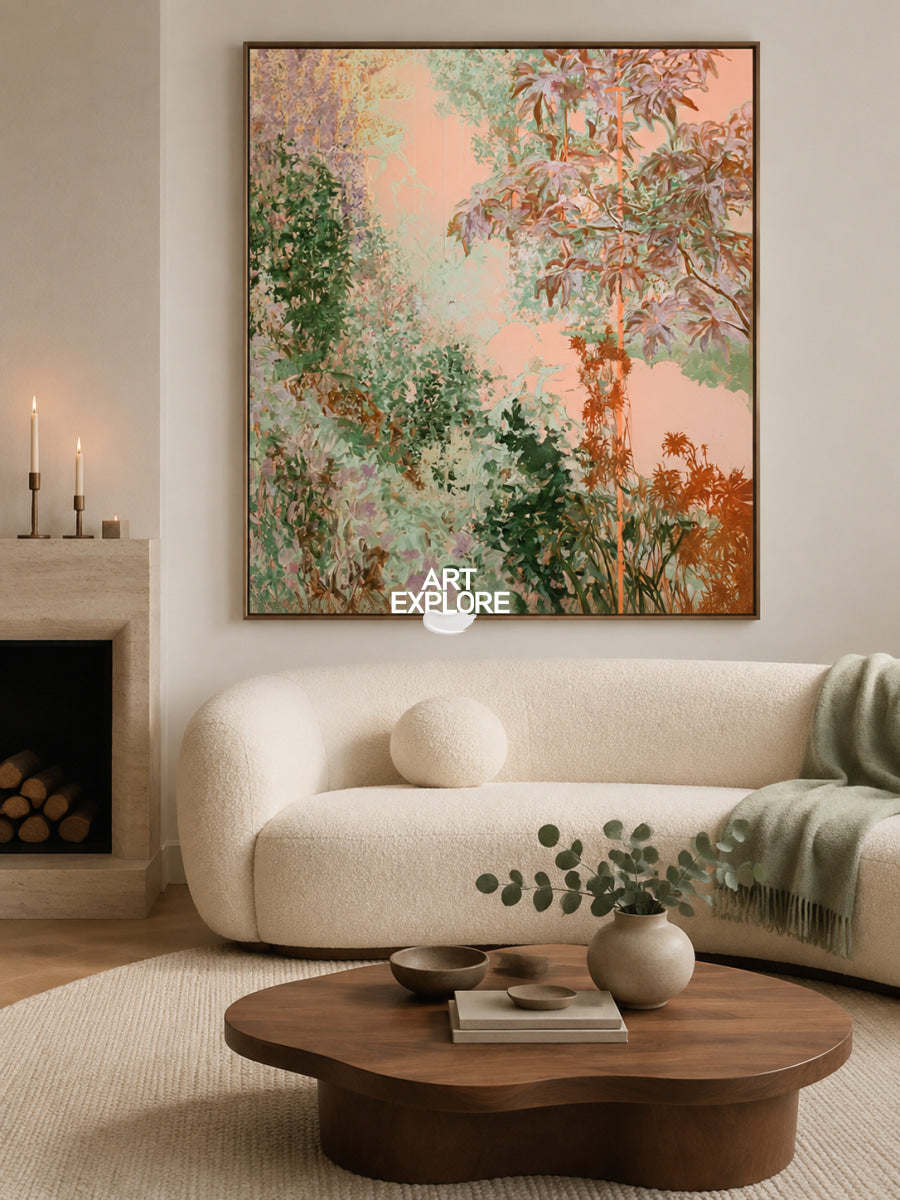 Abstract Pink And Green Botanical Canvas Painting Hand-Painted Wall Art