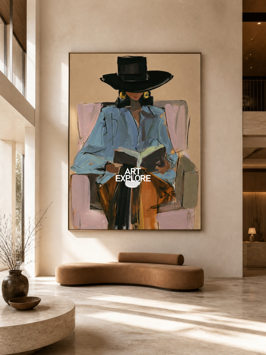 Abstract Woman Reading Canvas Painting In Brown Tones Hand-Painted Wall Art