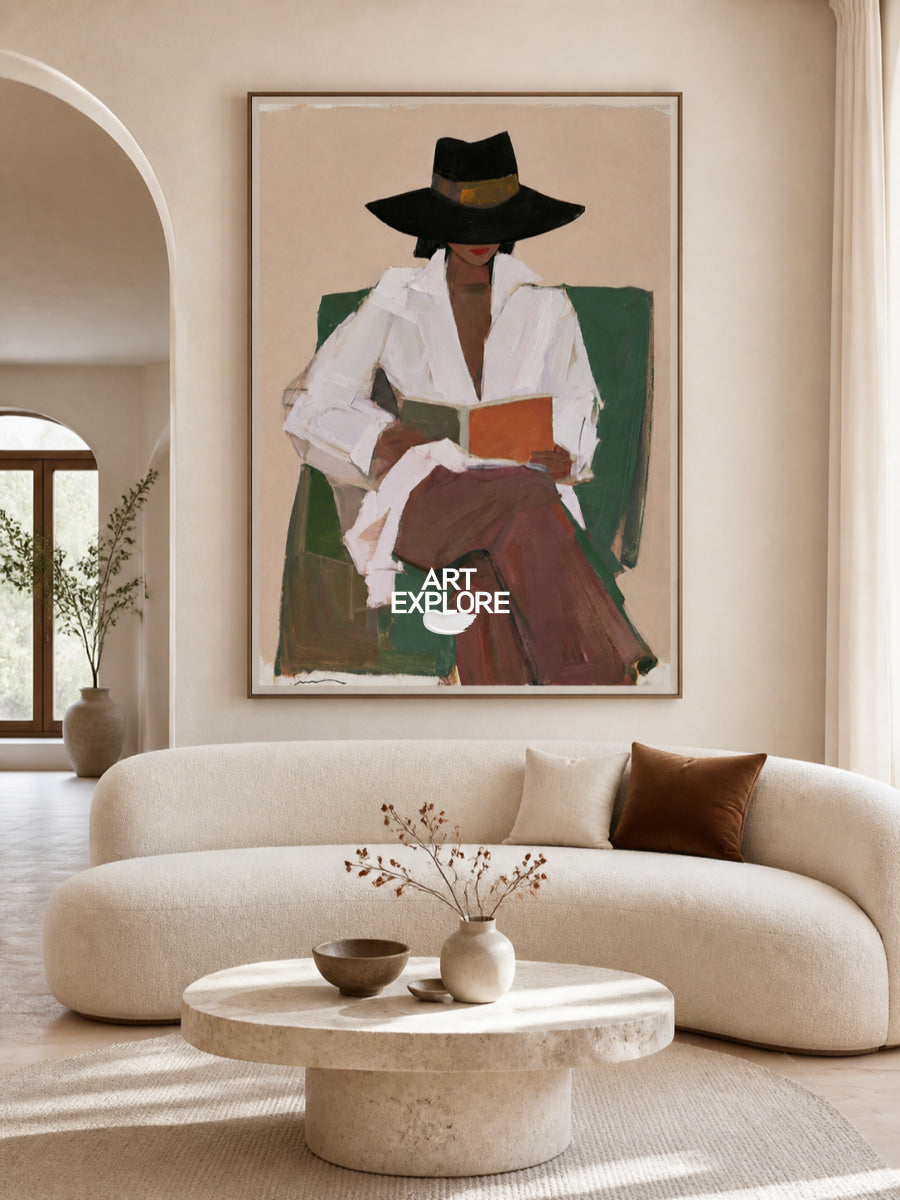 Modern Minimalist Female Portrait Canvas Painting With Earthy Color Palette
