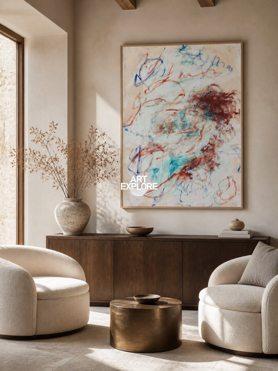 Modern Beige Wall Art For Living Room With Expressive Lines