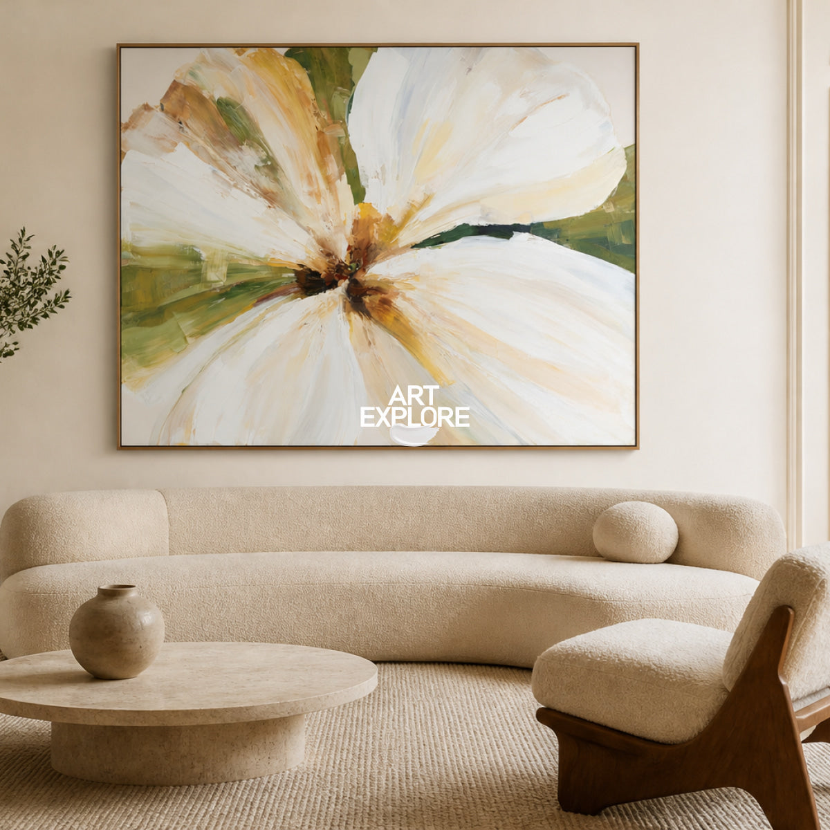 Modern Horizontal Wall Art For Living Room Abstract Flower In Beige White