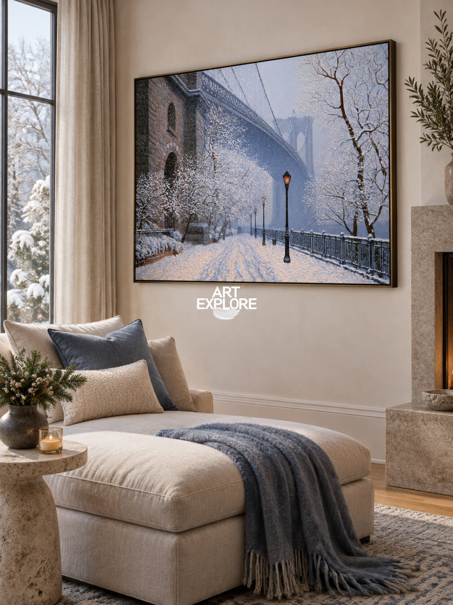 Realistic Blue And White Winter Painting Of City Architecture On Canvas