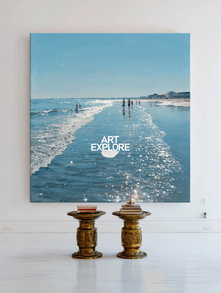 Luxury Blue Horizon Beach Painting Hand-Drawn Large Statement Canvas