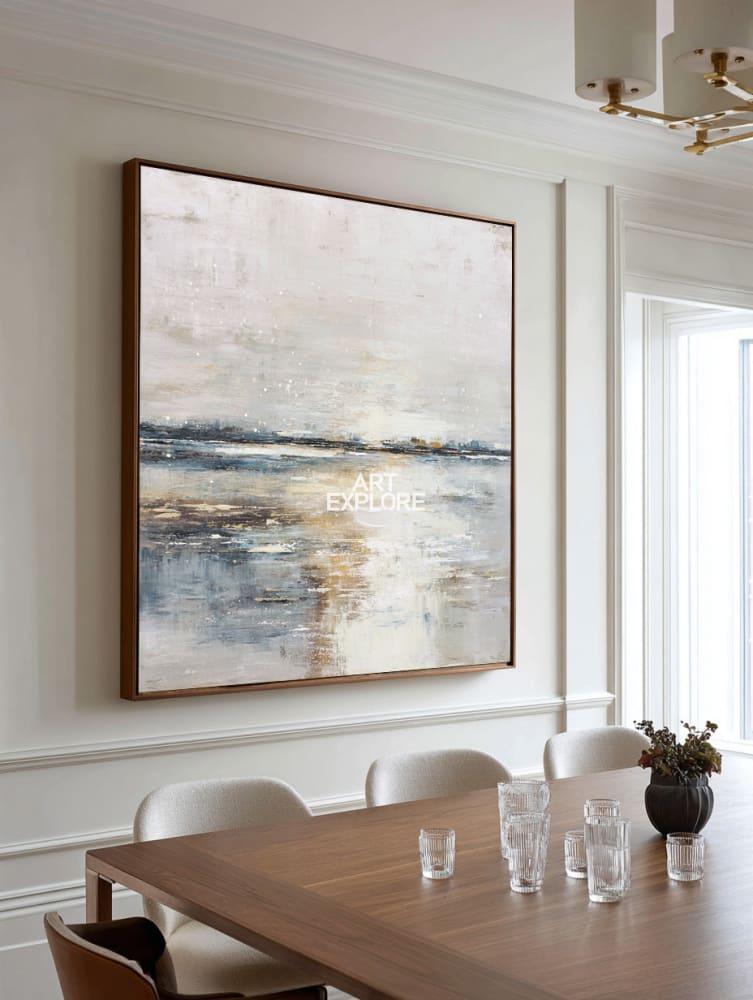Luxury Minimalist Lake Painting | Large Textured White Blue Canvas ArtExplore