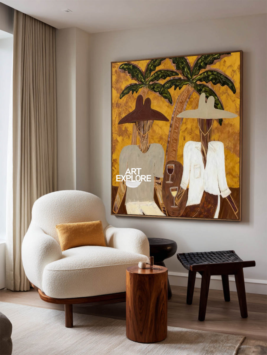 Tropical Minimalist Folk Art Painting Brown Green Beige Square Canvas Original Handmade