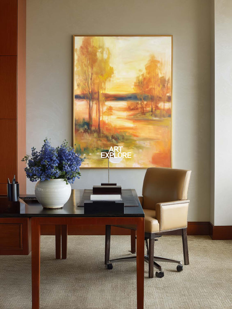 Golden Sunset Abstract Art Vertical Canvas Painting For Office Or Dining Room
