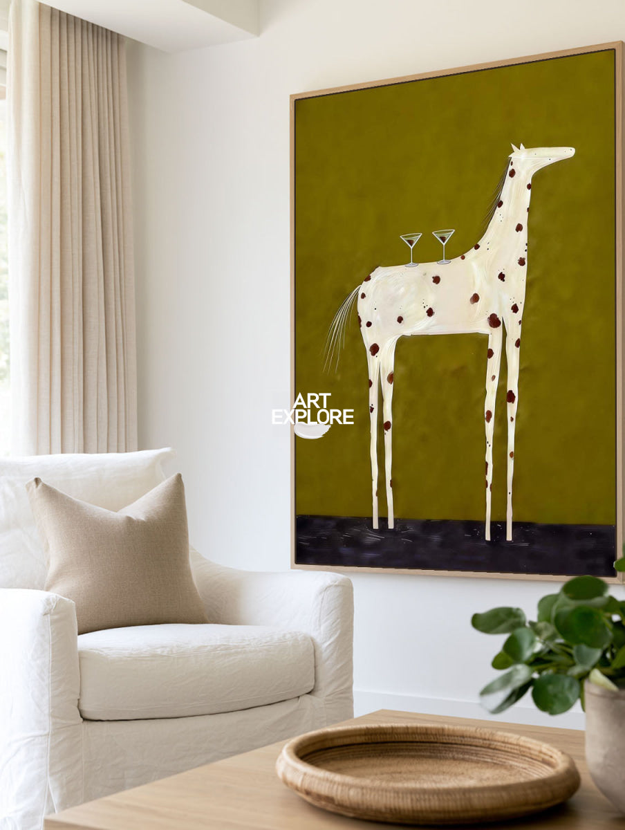 Modern Folk Art Painting Of White Horse With Martini Glasses On Olive Green Canvas