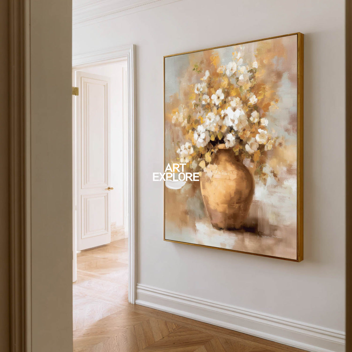 Luxury Abstract Floral Painting Warm Beige Gold Canvas Art For Living Room Decor
