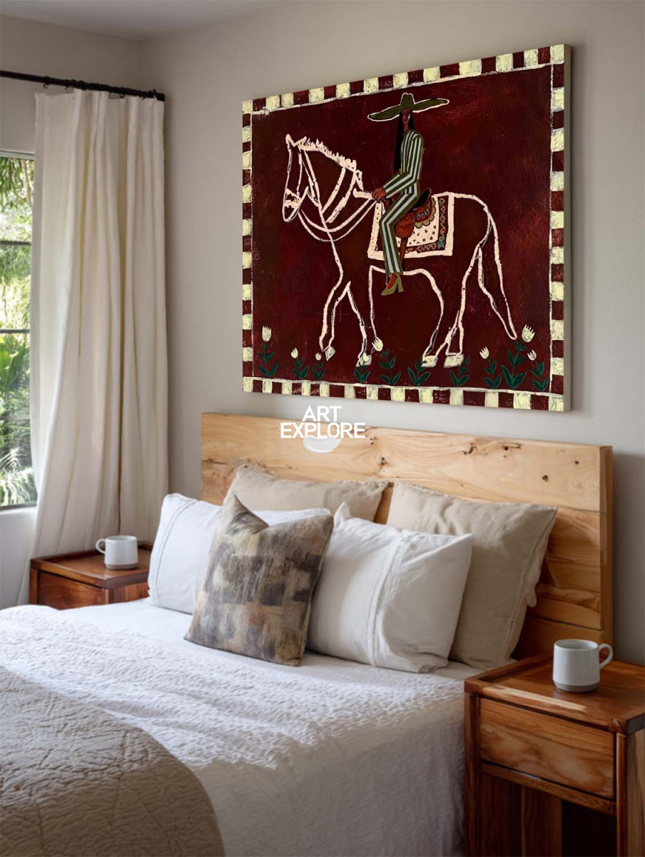 Original Folk Art Painting Of Horse And Rider In Red For Living Room Decor