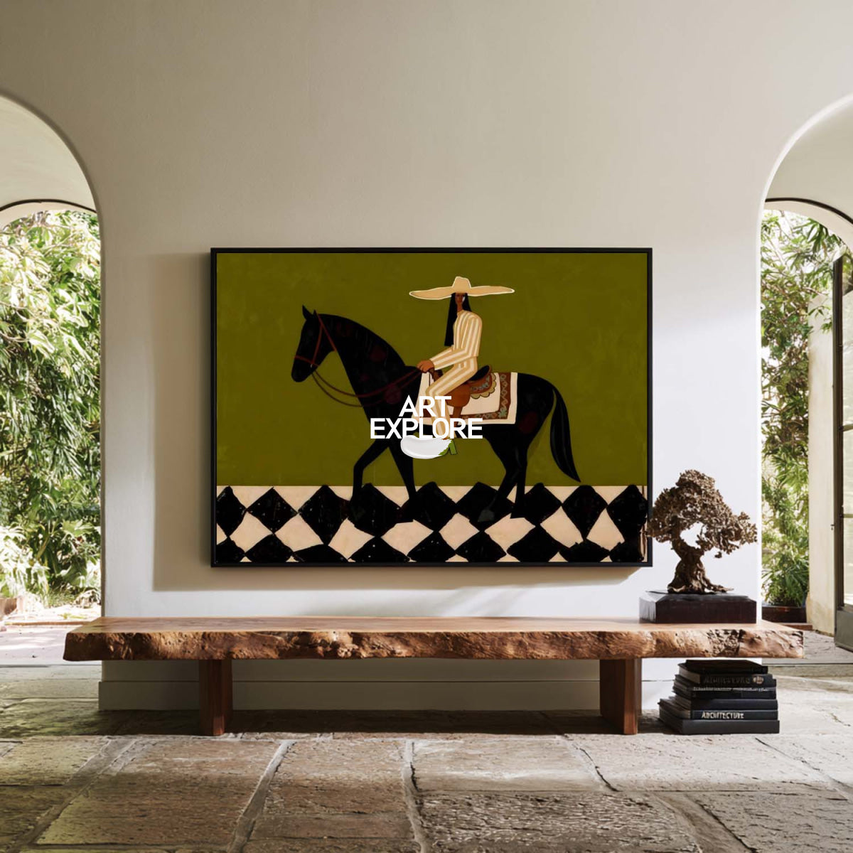 Stylized Black Horse And Rider Art Print Geometric Pattern Wall Decor For Entryway