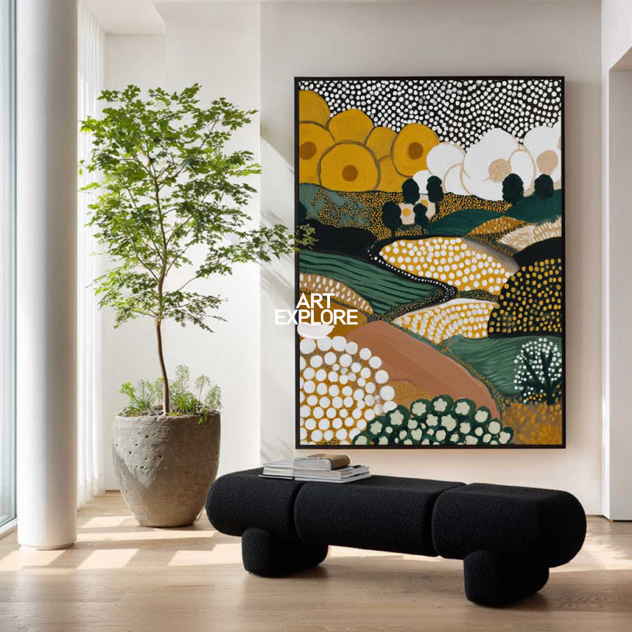 Modern Abstract Landscape Art With Spot Patterns In Earth Tones For Living Room Decor