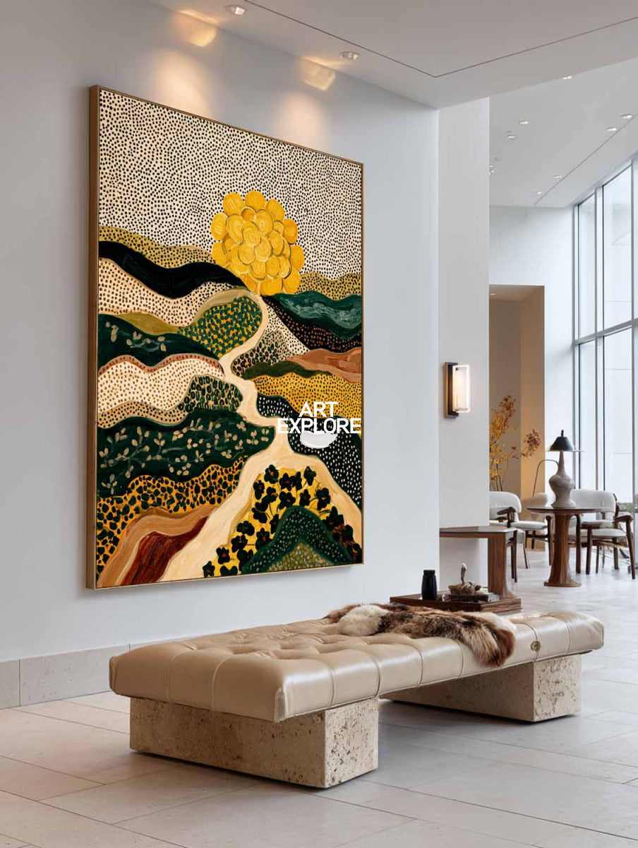 Abstract Landscape Painting Beige And Green With Golden Sun For Modern Living Room Decor