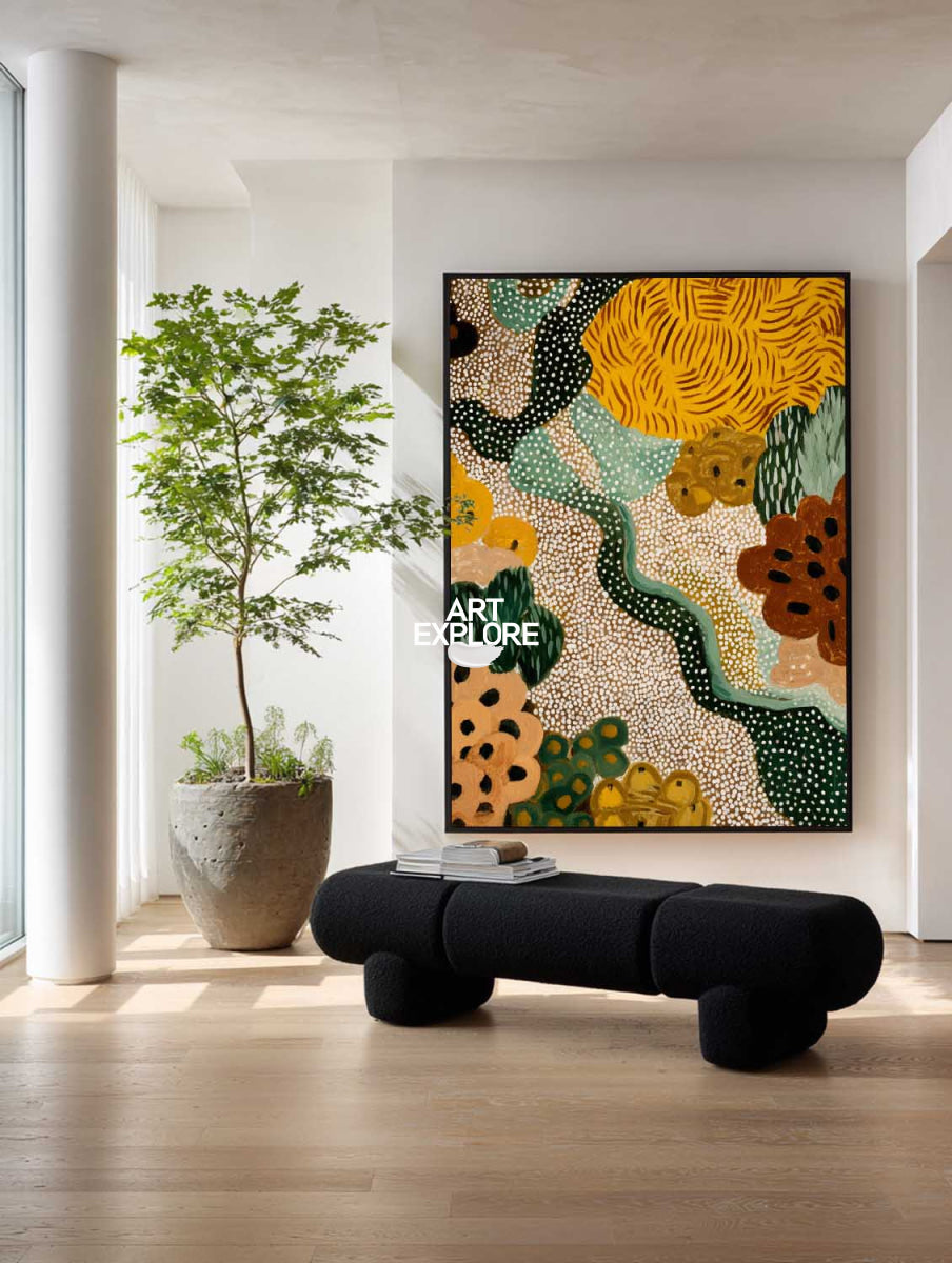 Hand Painted Folk Abstract Art With Green And Yellow Tones For Modern Living Room Decor