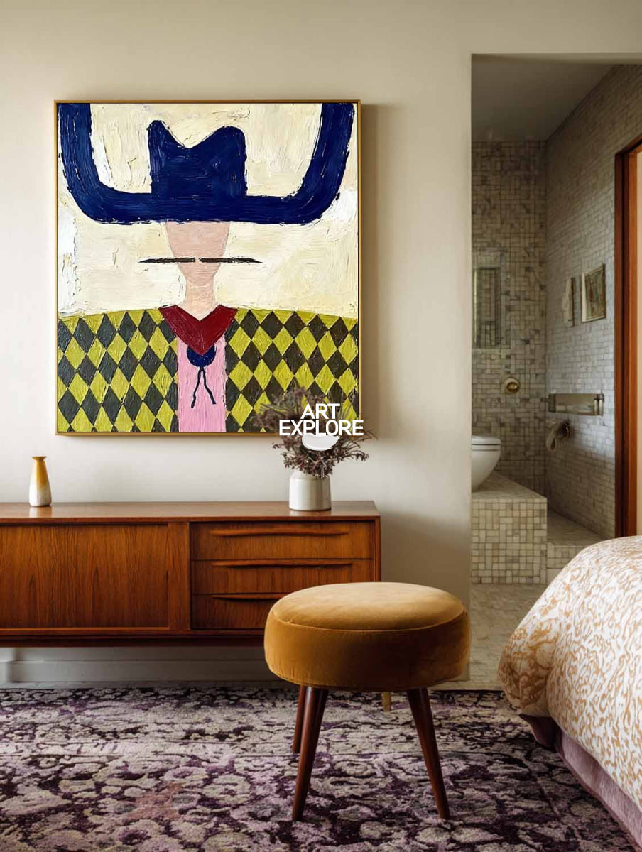 Minimalist Folk Art Painting With Geometric Cowboy In Yellow And Blue For Modern Home Decor
