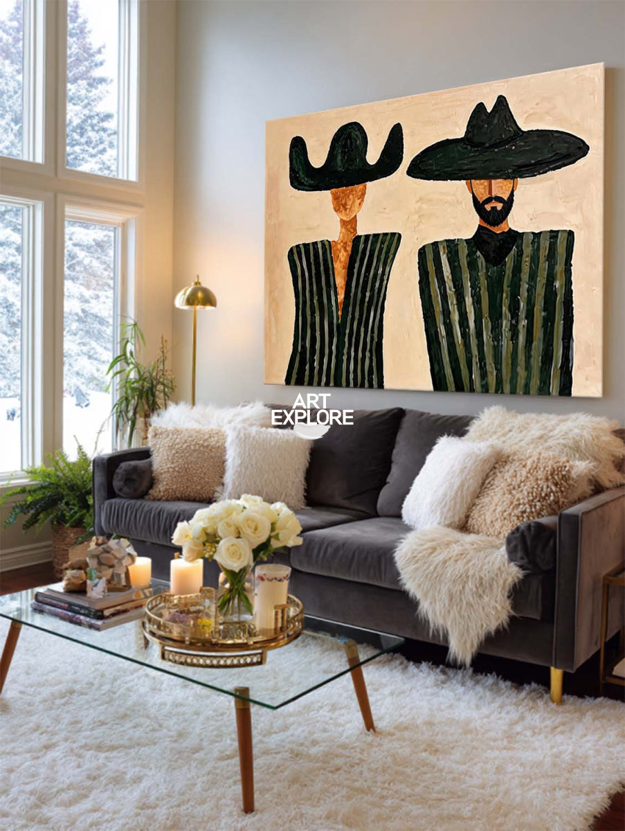 Minimalist Beige Cowboy Painting Horizontal Canvas Wall Art For Living Room And Office Decor